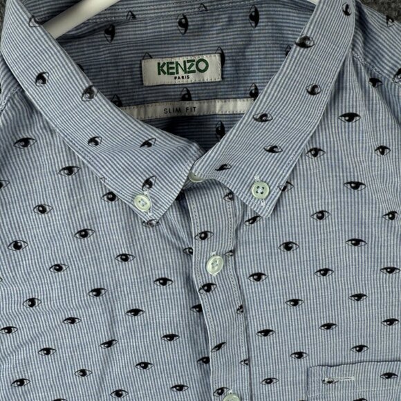 KENZO Paris Button Up Shirt Long Sleeve Blue Striped Eye Print Slim 15.25 (39) - Picture 1 of 16